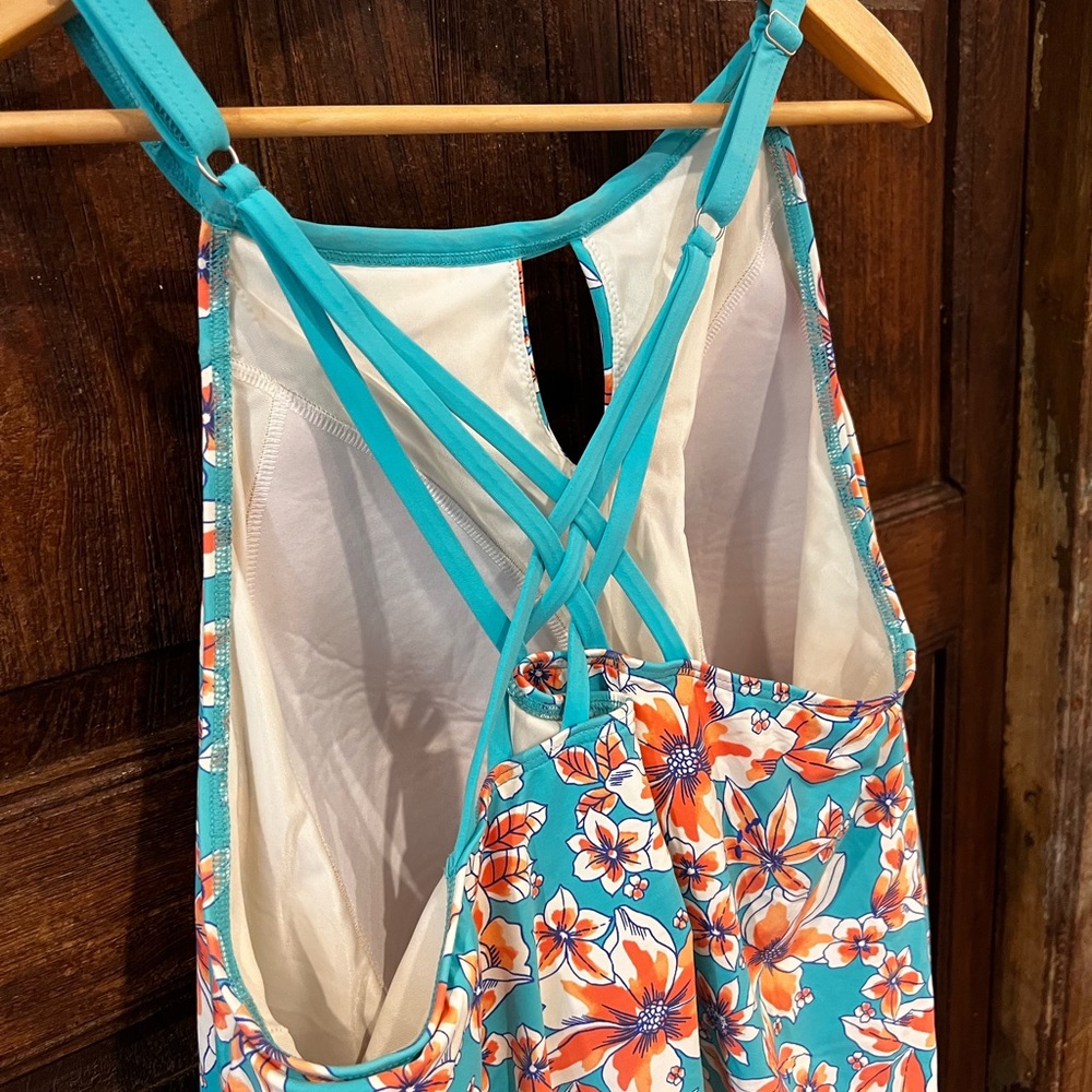 Lands’ End Tankini Swimsuit Top Blouse on Floral Turquoise Coral Strappy sz 24W - Picture 11 of 15